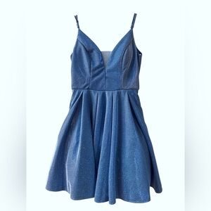 B Darlin Shimmering Blue Glitter Mesh Skater Dress